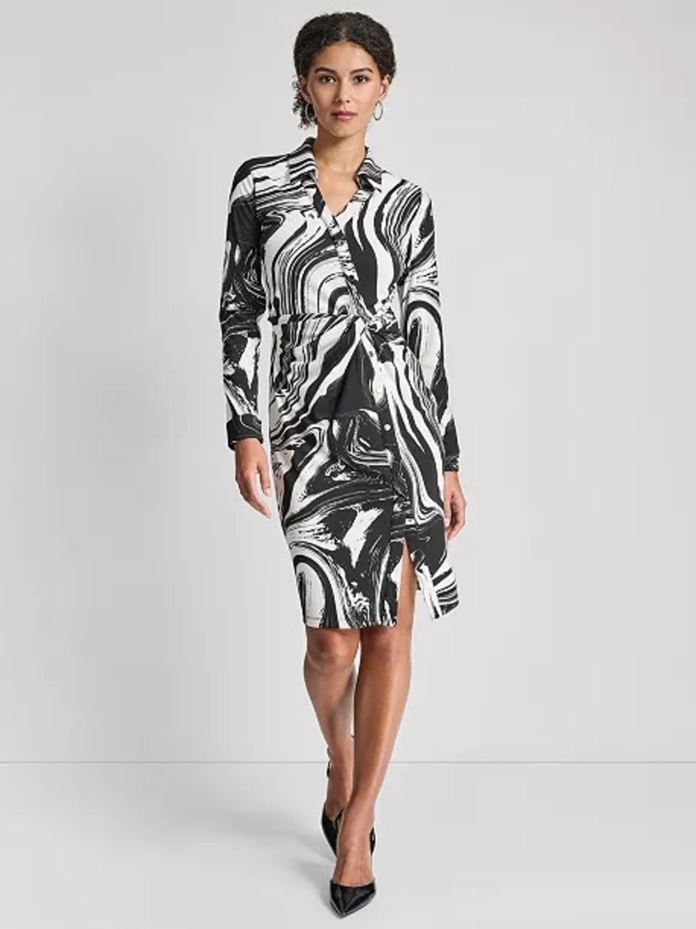 DKNY Black & White Marble-Print Long Sleeve Wrap Dress
